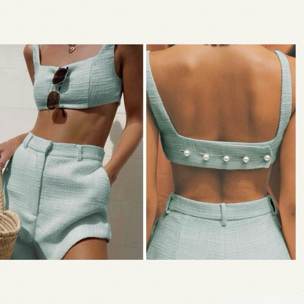 Gorgeous Tweed Shorts & Tank Set with Stunning Pearl Details 🩵